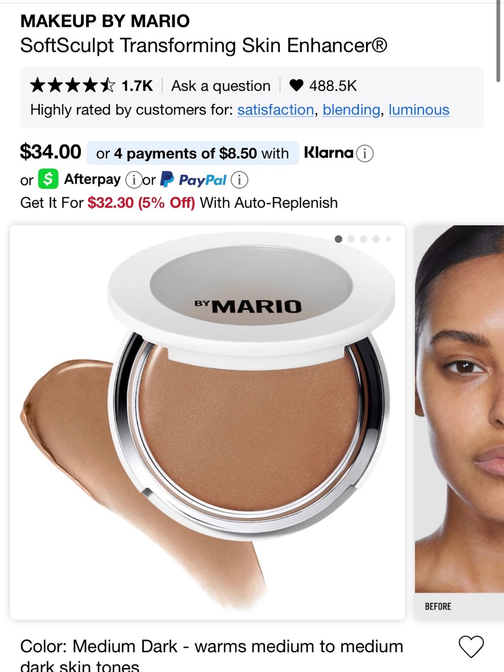 NWT Makeup By Mario SoftSculpt Transforming Skin Enhancer — Medium Dark
